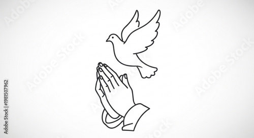 Praying hands with a white dove flying above symbolizing peace and spirituality in a simple line art style