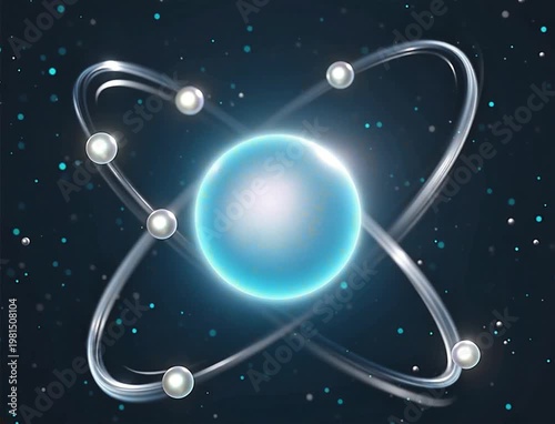 A video showcasing a stunning visual representation of an atom in space with a glowing blue nucleus and orbiting electrons.