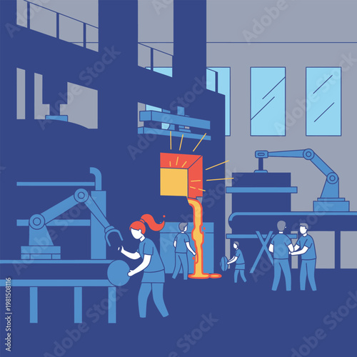 Modern factory with automated machinery and human workers.