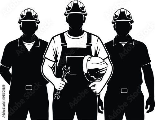 Construction workers silhouette in bold graphic style with monochrome contrast for industrial teamwork illustration.