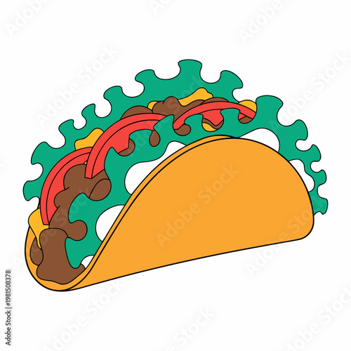 Freshly prepared beef taco with lettuce, cheese, tomato, and sour cream, isolated vector for restaurant menu design.