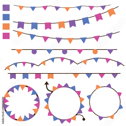 Festive garlands adorned with colorful flags