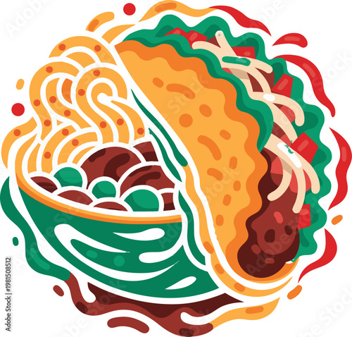 Tasty beef taco filled with lettuce, cheese, tomato, and sour cream, isolated vector on transparent background.