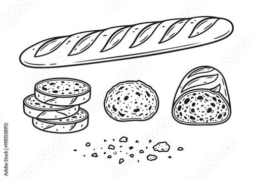 Baguette and sliced grain bread vector illustration collection of bakery products on transparency.