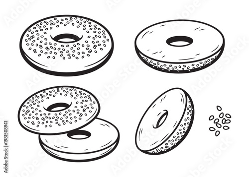 Sesame seed bagel vector illustration set with various views of baked round bread on transparency.