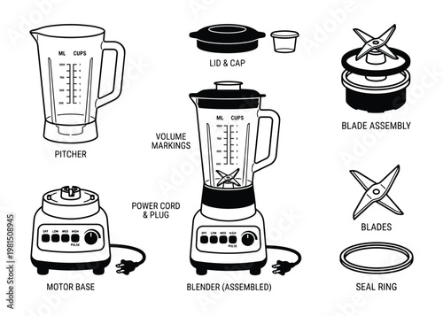 Blender parts and assembly vector illustration diagram showing pitcher base and blades components.