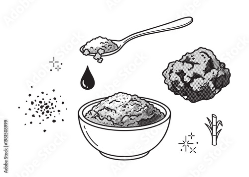 Brown sugar in bowl vector illustration with spoon drop and sugarcane plant elements on background.