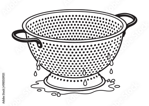 Kitchen colander with draining water droplets, illustration of cooking utensil vector.