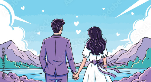 Romantic cartoon couple, loving relationship, vector illustration, purple and white