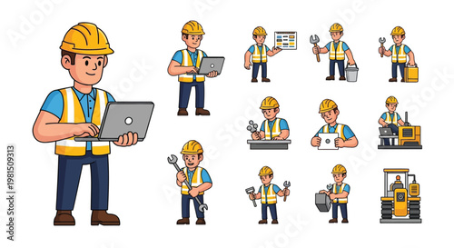 Construction worker character set, industrial engineer vector, 11 builder icons