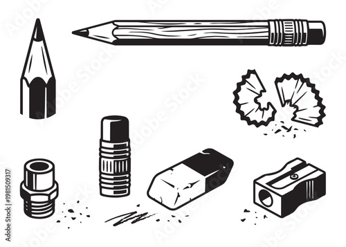 Graphite pencil and eraser vector illustration with sharpener and shavings stationery supply collection.