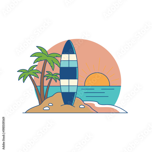 Surfboard Standing On Sandy Beach With Palm Trees.
