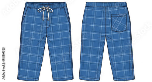 Blue Plaid Pants with White Drawstring Front and Back View.