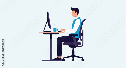 Man working at computer desk with good ergonomic posture.