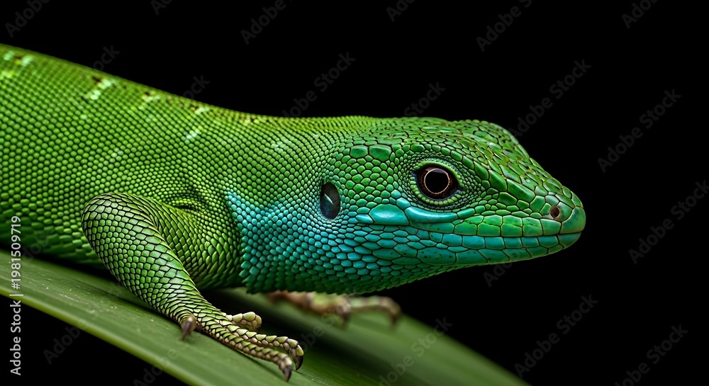 Fototapeta premium Close-up of a vibrant green lizard with blue accents on a leaf against black