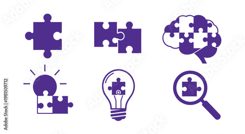 Puzzle Pieces Brain, Lightbulb, Magnifying Glass, Idea, Solution, Strategy Icons
