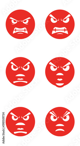 Set of Angry Red Faces Emoticons, Expressing Rage and Frustration