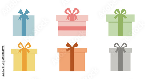 Set of Six Colorful Gift Boxes with Ribbons, Flat Design Icons