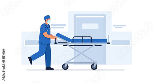 Medical professional pushing an empty hospital gurney.