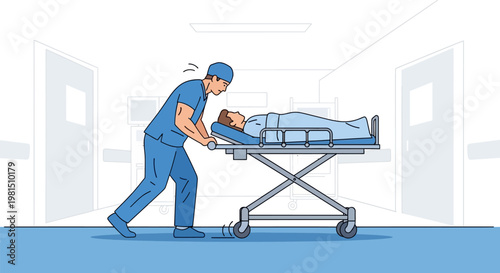 Medical professional urgently transports patient on stretcher in hospital corridor.