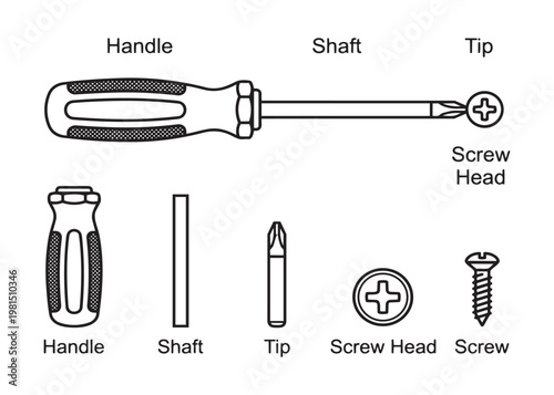 Screwdriver disassembled vector illustration parts isolated on transparent background tool.