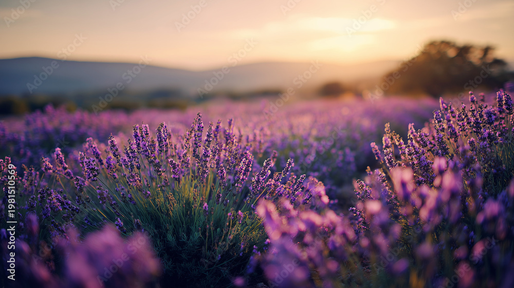 Fototapeta premium Stunning lavender field at sunset with golden hour light blooming purple flowers in Provence France landscape photography featuring soft bokeh background and peaceful atmosphere for tranquil