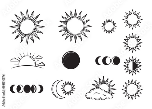 Sun moon phases vector illustration, set of celestial bodies and astronomical phenomena.