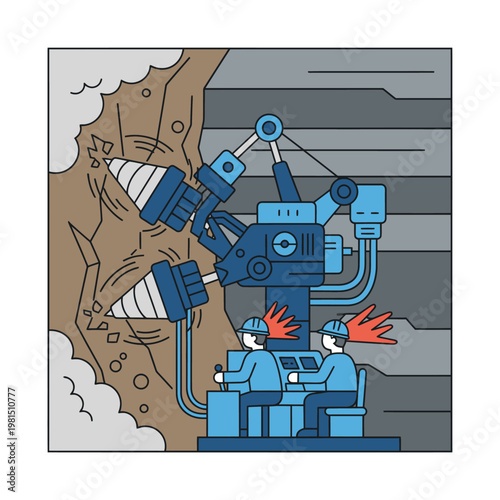 Mining Machine Drilling Rock Face with Operators.