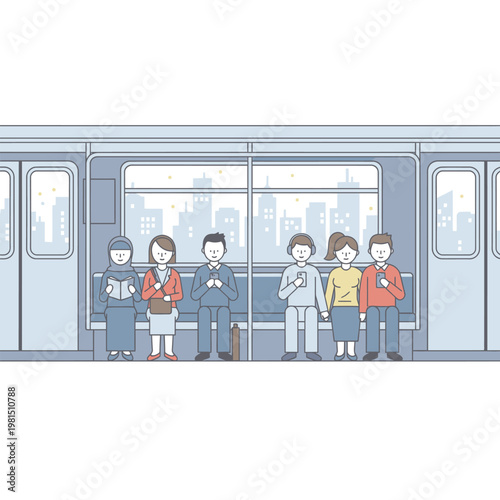 Diverse group of people commuting on a modern train.