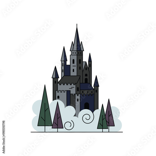 Mystical Castle Illustration with Tall Spires and Towers.