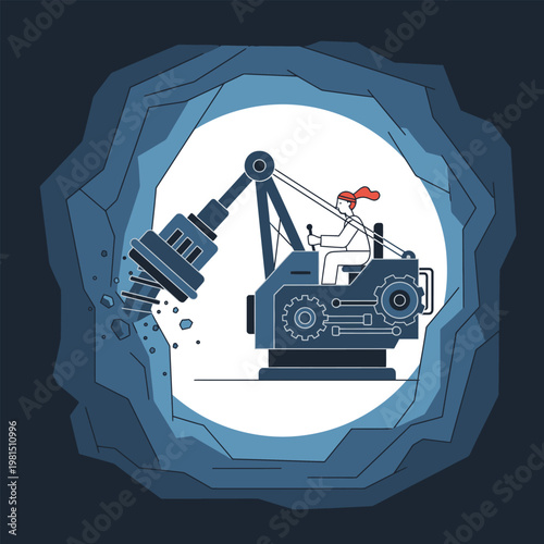 Mining machine with operator digging into rock face.
