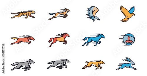 Running animals and symbols on black background vector illustration