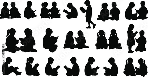 Diverse silhouettes of children engaging in various reading and learning activities together