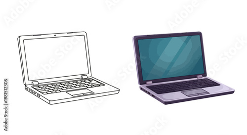 Laptop Computer Outline and Full Color Illustration Comparison