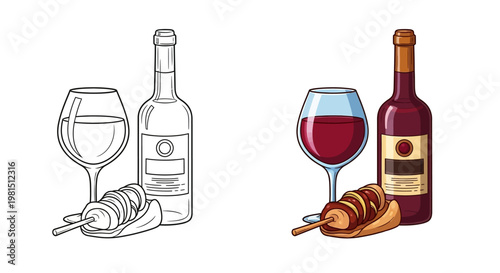 Red Wine Bottle, Glass, and Appetizer Skewers - Color and Line Art Comparison