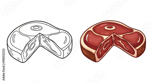 Raw T-bone steak, outline and colored illustration, isolated on white