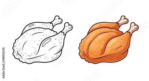 Roasted Chicken and Outline Drawing - Food Illustration