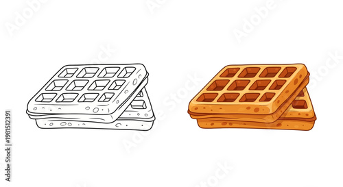 Waffle Icon and Illustration: Outline and Full Color, Isolated on White Background