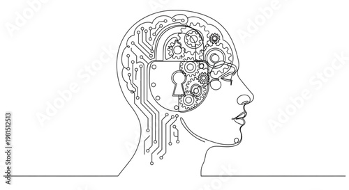 High Quality Black Continuous Line Data Privacy Head with Lock – Minimal Cybersecurity Illustration