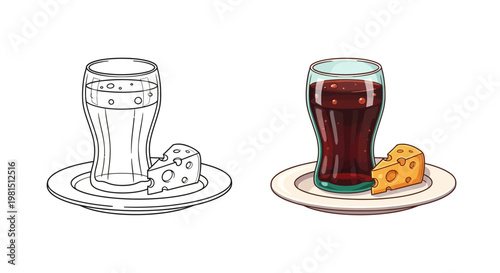 Beer and Cheese Pairing: Line Art and Full Color Illustration