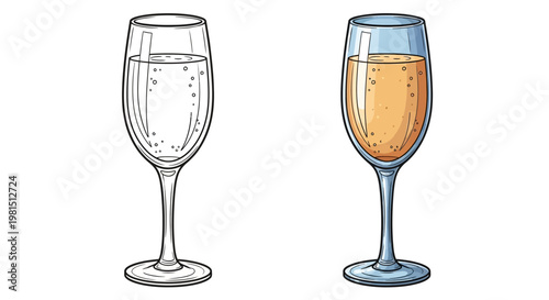 Champagne Flute: Outline vs. Colored Illustration of Sparkling Wine