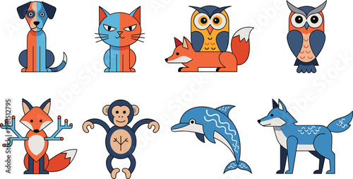 Cartoon Animal Characters Vector Set with Dog Cat Fox Owl Monkey Dolphin and Wolf