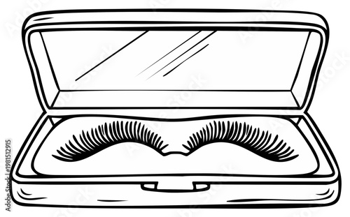 Open cosmetic case with a pair of false eyelashes and a mirror inside illustration