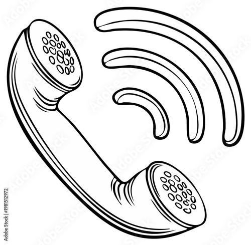 Retro phone receiver with sound waves, line art illustration