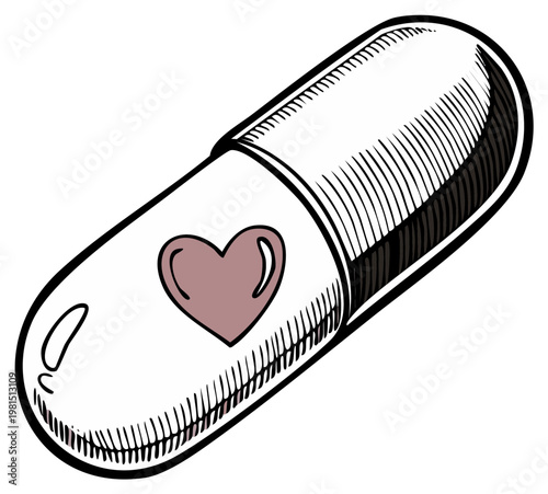 Illustration of a Capsule Pill with Heart Graphic for Health and Wellness Concepts