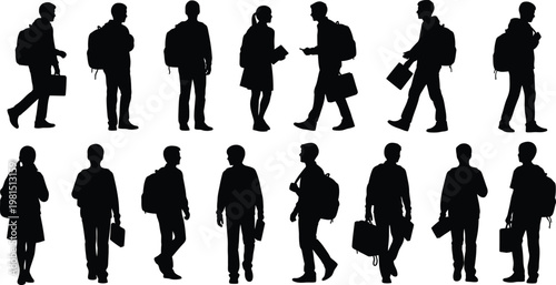 Diverse silhouettes of people walking with backpacks and briefcases in various poses
