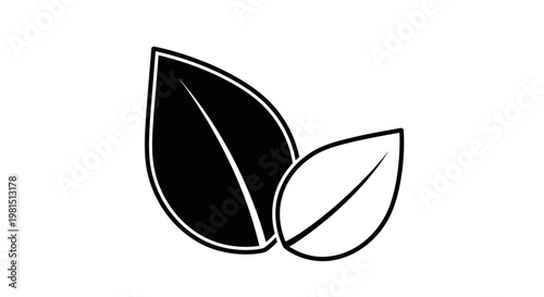Two stylized leaves, one black, one white, representing nature, growth, and duality.
