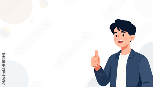 Smiling man gives thumbs-up gesture. Bright background features soft pastel circles. Friendly, encouraging vibe for positive messaging. Great for marketing, wellness, or success themes