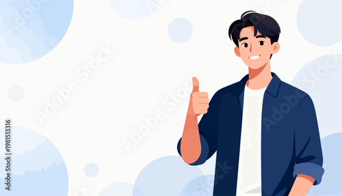 Young man smiles, thumbs up. Soft blue circles float in background. Casual attire, friendly gesture. Perfect for promotional or positive message. Bright, uplifting mood. Great for business, education