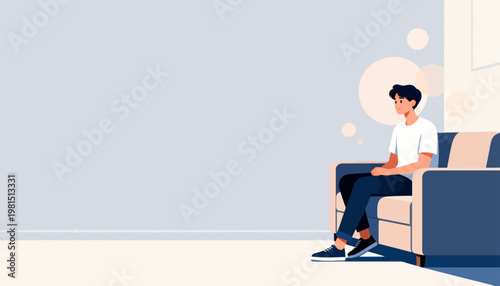 Young man sits alone on sofa, pensive and quiet. Soft pastel tones create calm, minimal atmosphere. His posture suggests thought, perhaps solitude or reflection. Ideal for lifestyle, mental health